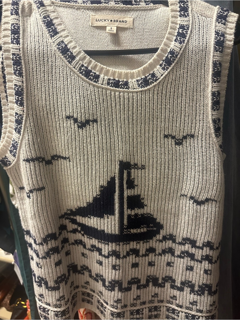 Lucky Brand Cream & Navy Sailboat Knit Sweater Vest